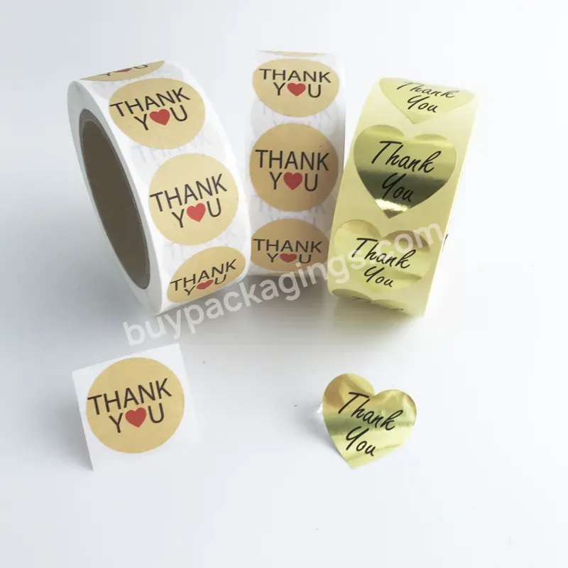 Custom 1.5 Inch Thank You Heart Shaped Kraft Brown Paper Gold Foil Roll Stickers