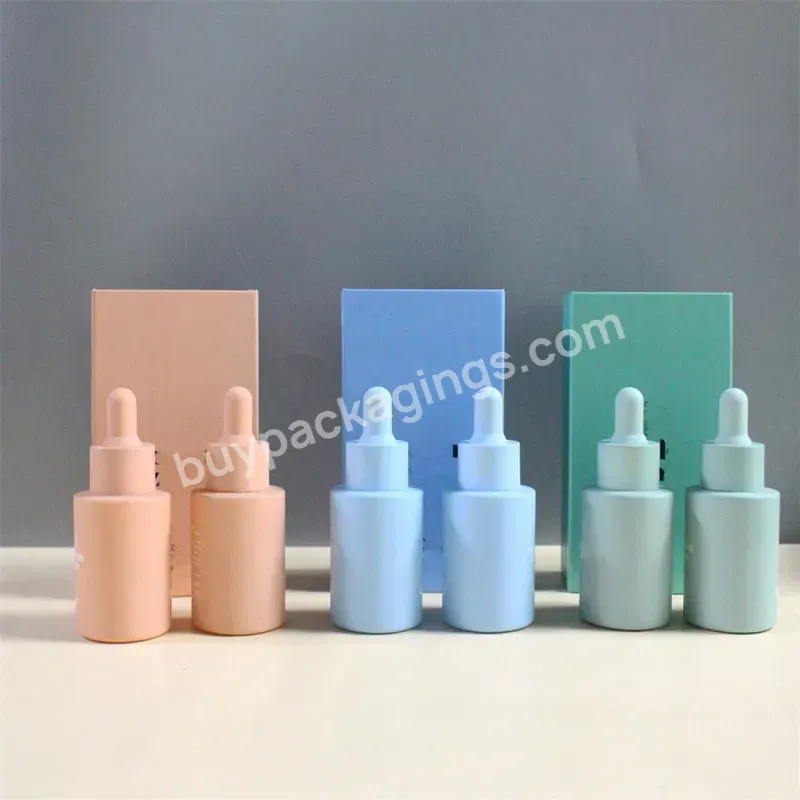 Custom 15ml 30ml 1oz Flat Shoulder Matte Pink Hair Oil Facial Serum Essential Oil Glass Dropper Bottle With Gift Paper Box