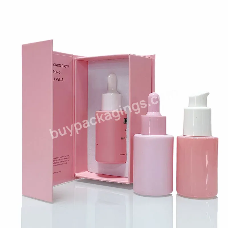 Custom 15ml 30ml 1oz Flat Shoulder Matte Pink Hair Oil Facial Serum Glass Dropper Bottle With Box For Essential Oil