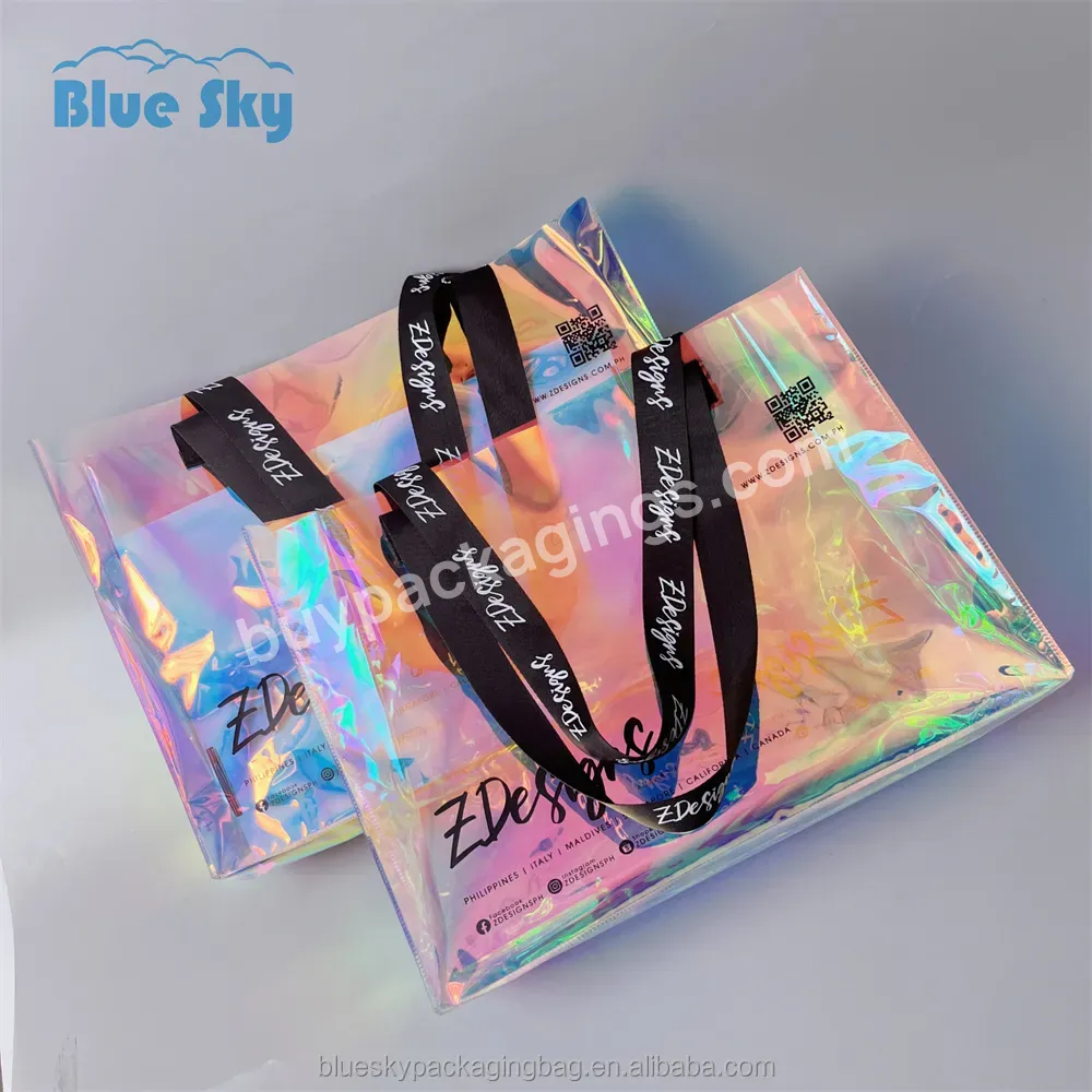 Custom 2023 Hologram Pvc Beach Tote Bag Clear Laser Handbag Transparent Holographic Iridescent Shopping Bags With Logo