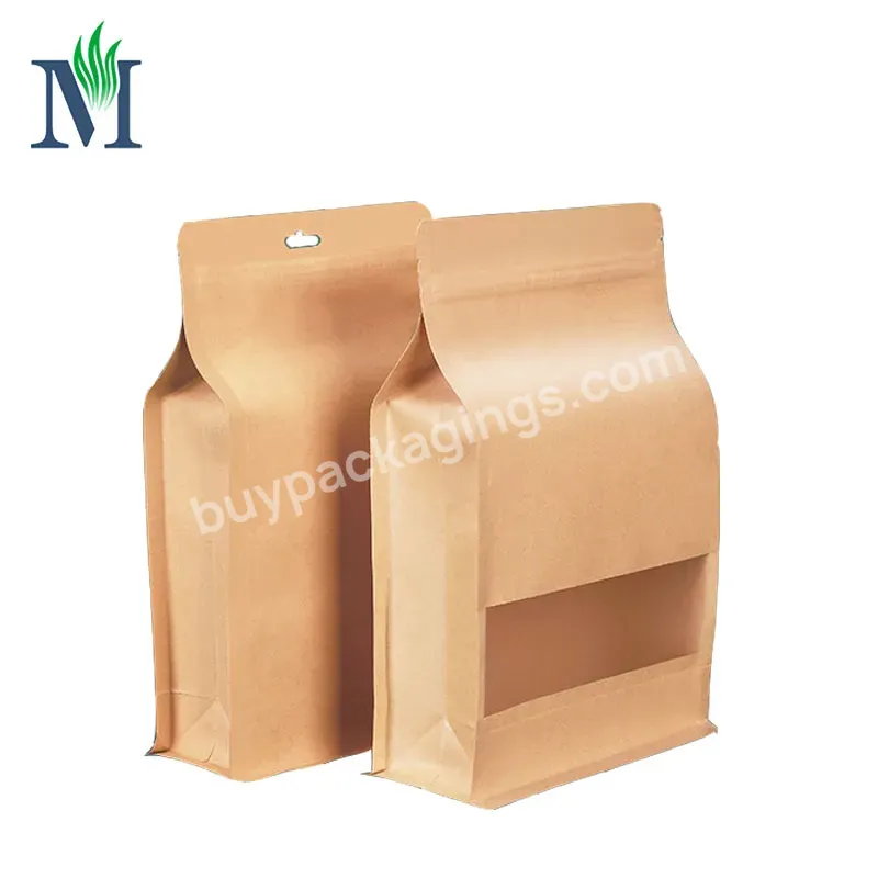 Custom 250 G Biodegradable Brown Kraft Paper Food Stand Up Pouch With Zipper Eight Side Seal Flat Bottom Coffee Packing Bags