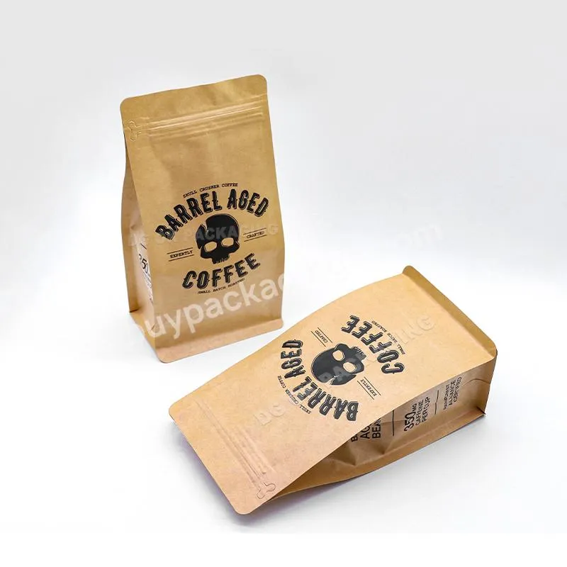 Custom 250g 320g 500g Eight 8 Side Gusset Seal Kraft Paper Compostable Coffee Bean Packaging Bag With Valve