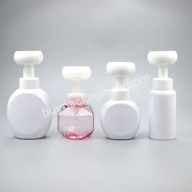 Custom 250ml 300ml 350ml 500ml Flower Shape Foam Soap Pump Pcr Pet Plastic Dispenser Bottle With Hand Face