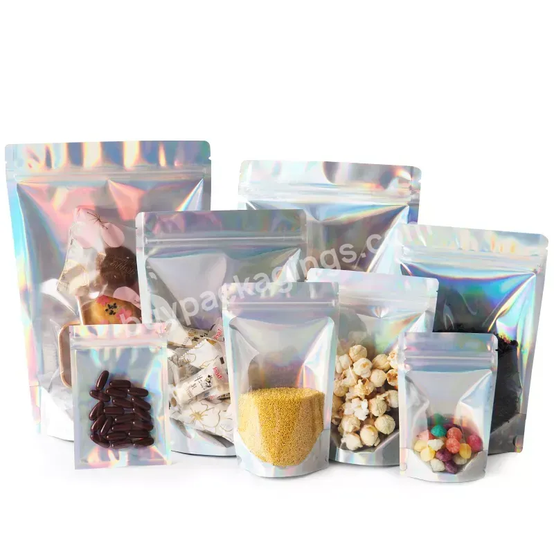 Custom 3.5g 7g 14g 28g Holographic Stand Up Pouch Mylar Aluminum Foil Zipper Bags With Window