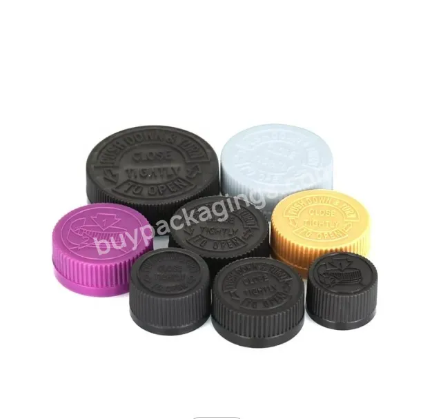 Custom 38 400 White Black Rib Side Pictorial Top Child-resistant Lid (crc) Pp Plastic Push Down Safety Lids