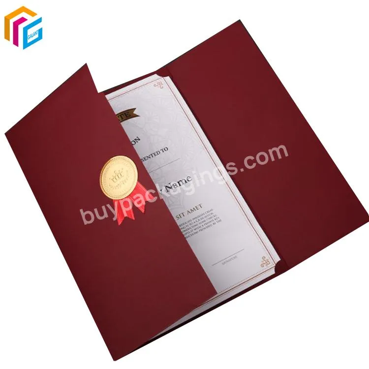 Custom A4 Paper Gold Foil Logo Certificate Folder 8.5*11 inch Degree Holder Cover Holder for Graduation Diploma