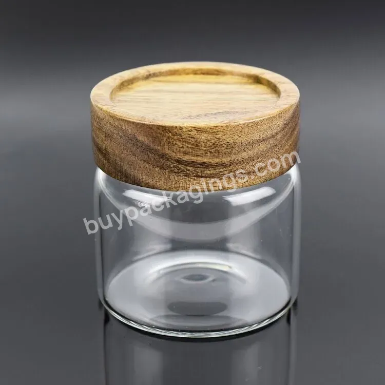 Custom Acacia/walnut Wood Lid Wide Mouth Clear Borosilicate Glass Jar With Child Resistant Lid