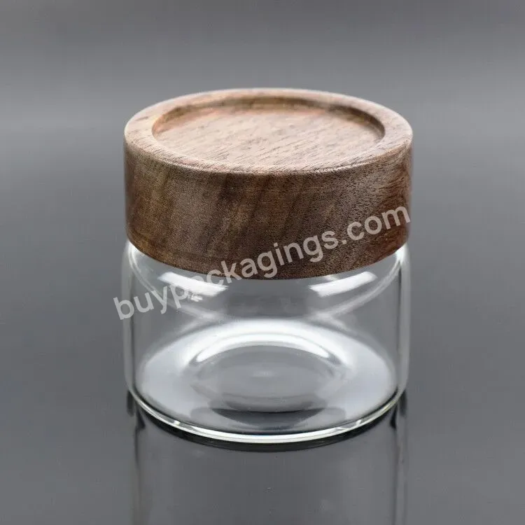 Custom Acacia/walnut Wood Lid Wide Mouth Clear Borosilicate Glass Jar With Child Resistant Lid