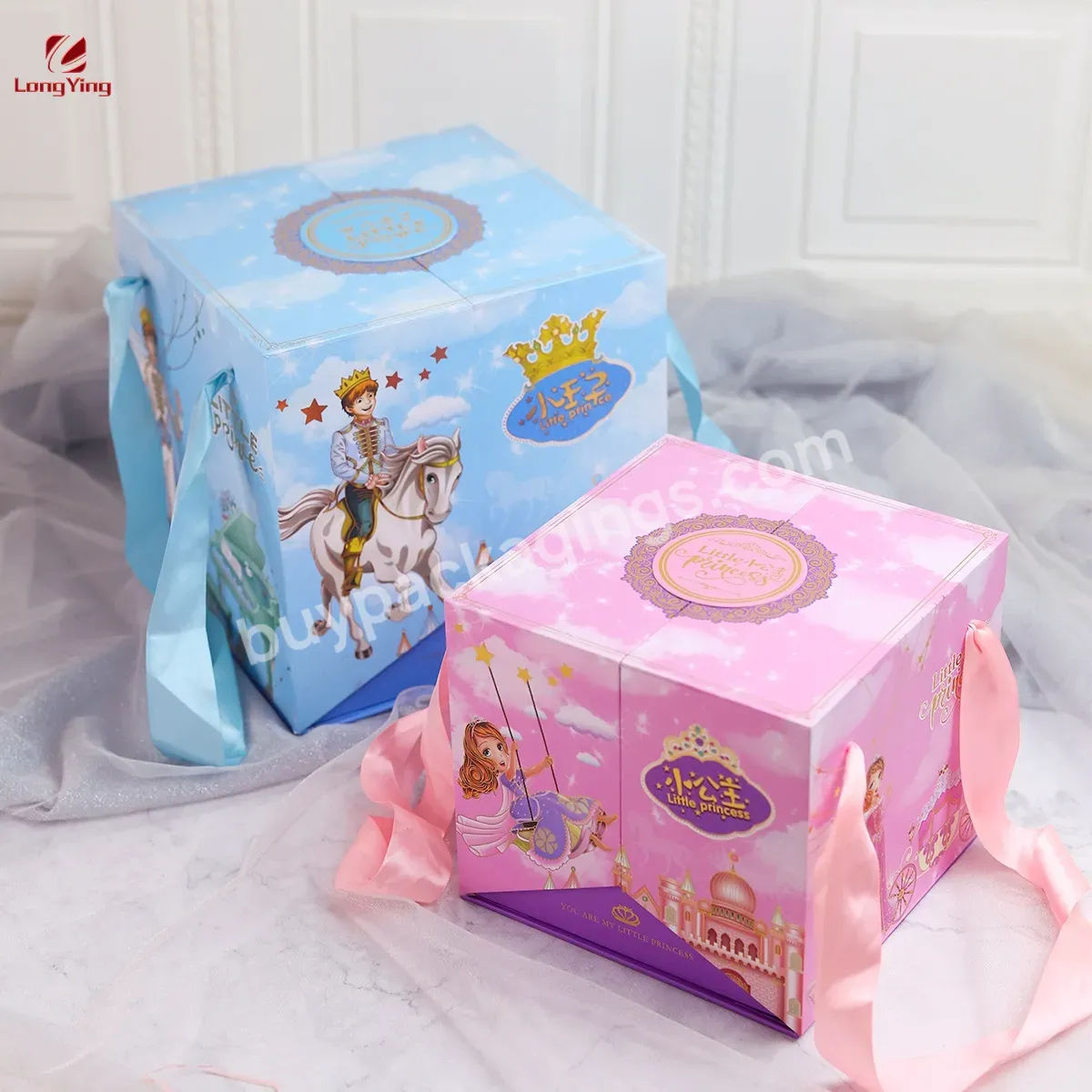 Custom Baby Gift Box Paper Castle Box Cardboard Double Door Box With Ribbon Handle