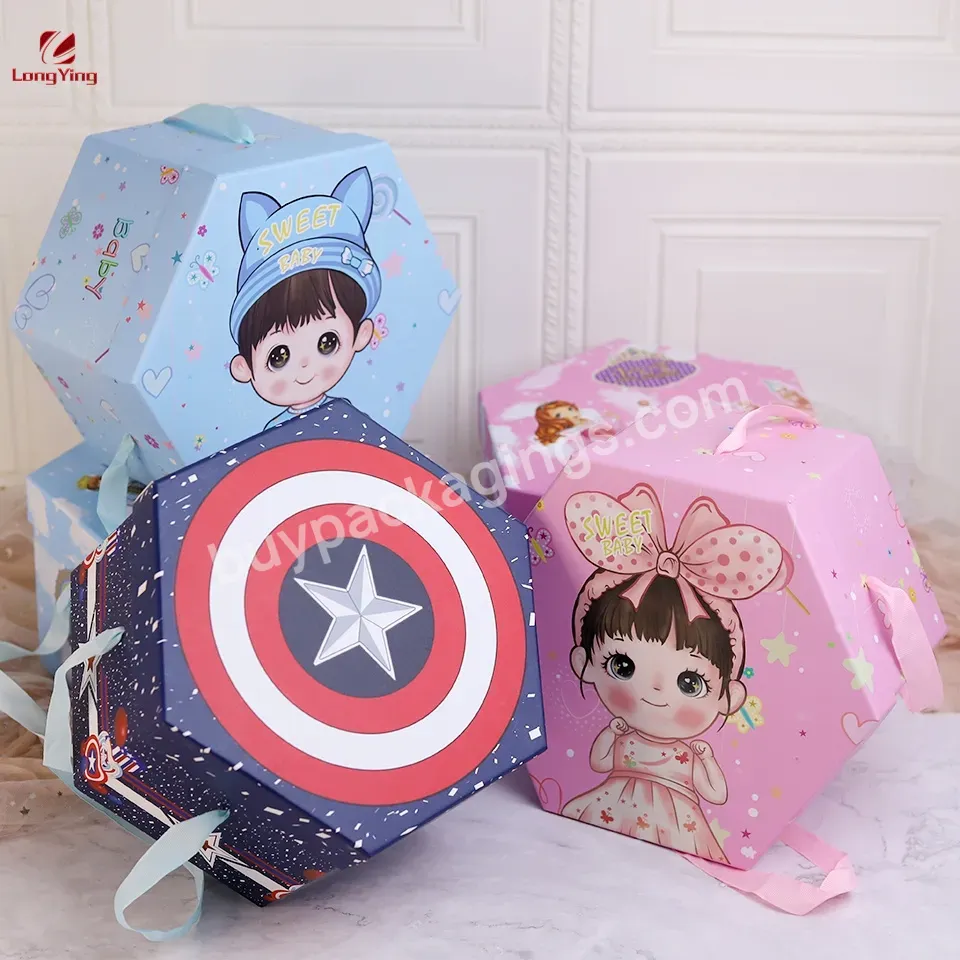 Custom Baby Suitcase Gift Box Paper Hexagon Box With Lid Luxury Cardboard Box With Ribbon Handle