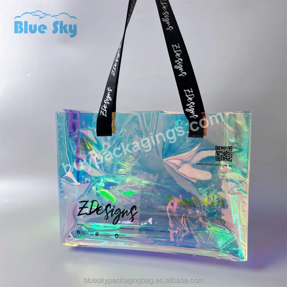 Custom Batch Holographic Pvc Beach Tote Bag Transparent Laser Tote Bag Transparent Rainbow Shopping Bag With Logo