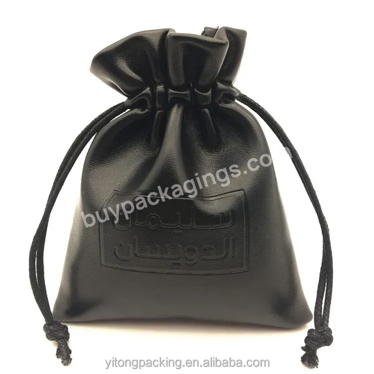 Custom Black Leather Makeup Drawstring Bag With Embossed Logo - Buy Leather Drawstring Bag,Black Leather Drawstring Bag,Leather Makeup Bag.