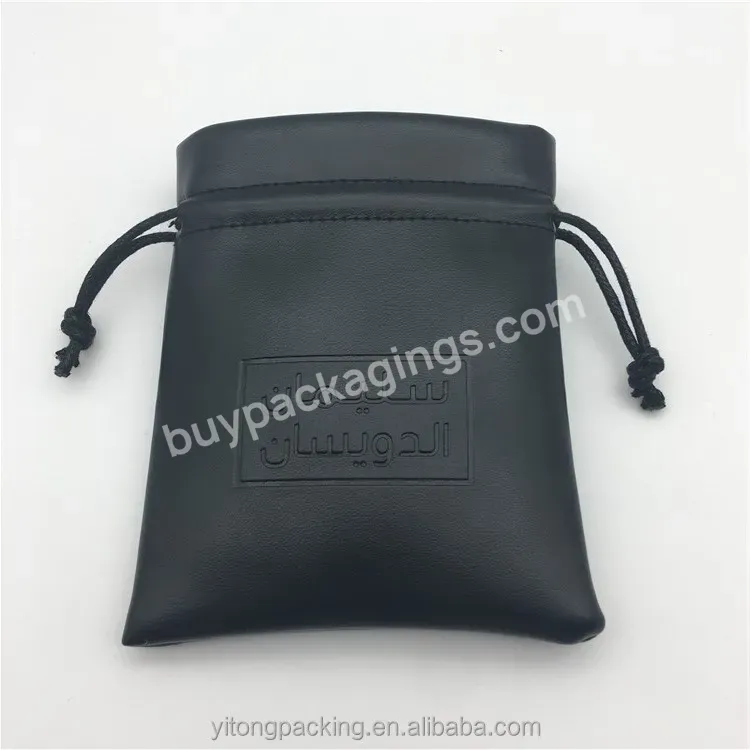 Custom Black Leather Makeup Drawstring Bag With Embossed Logo - Buy Leather Drawstring Bag,Black Leather Drawstring Bag,Leather Makeup Bag.