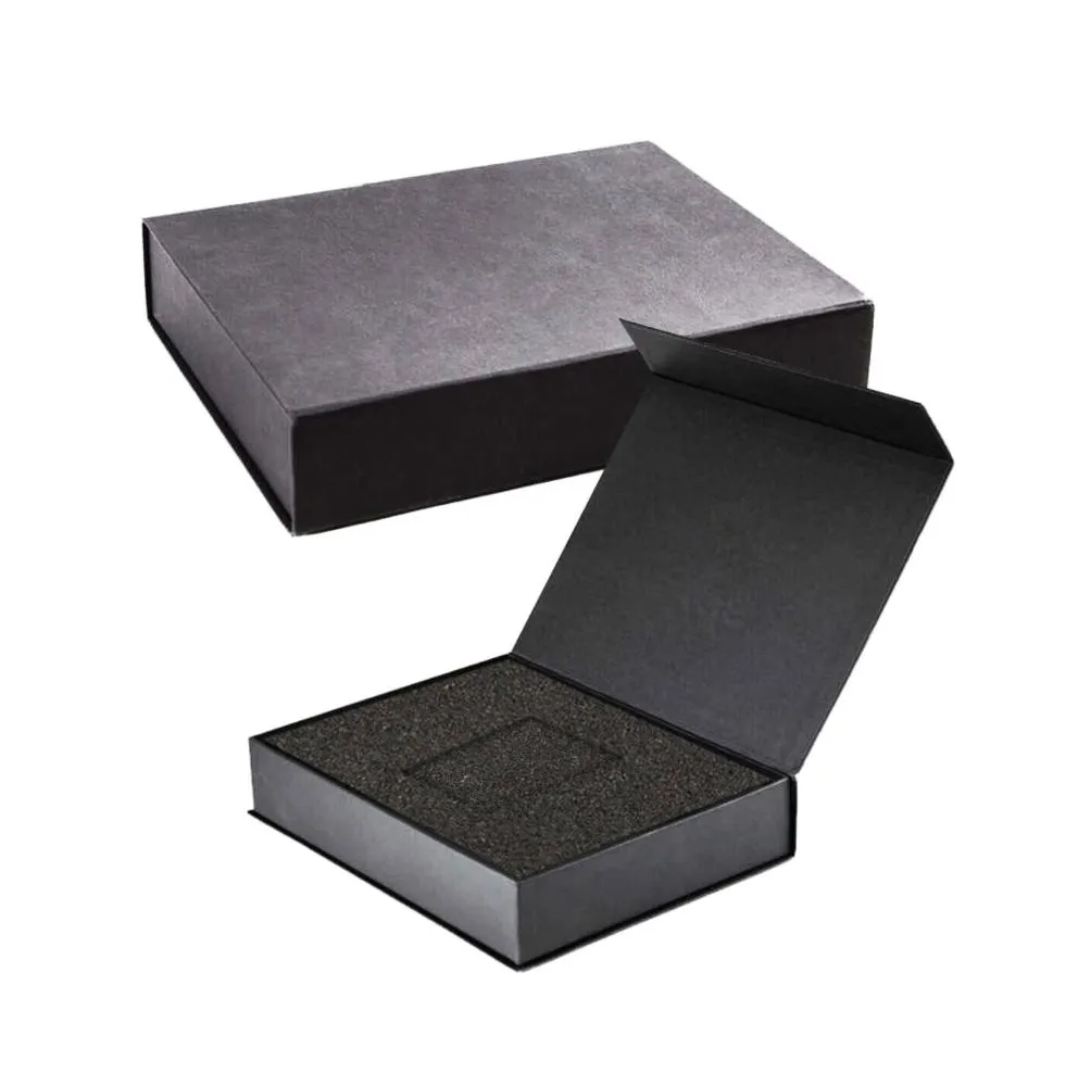 Custom black paper manufacture of cardboard lens magnetic gift voucher  box flap closure with foam insert