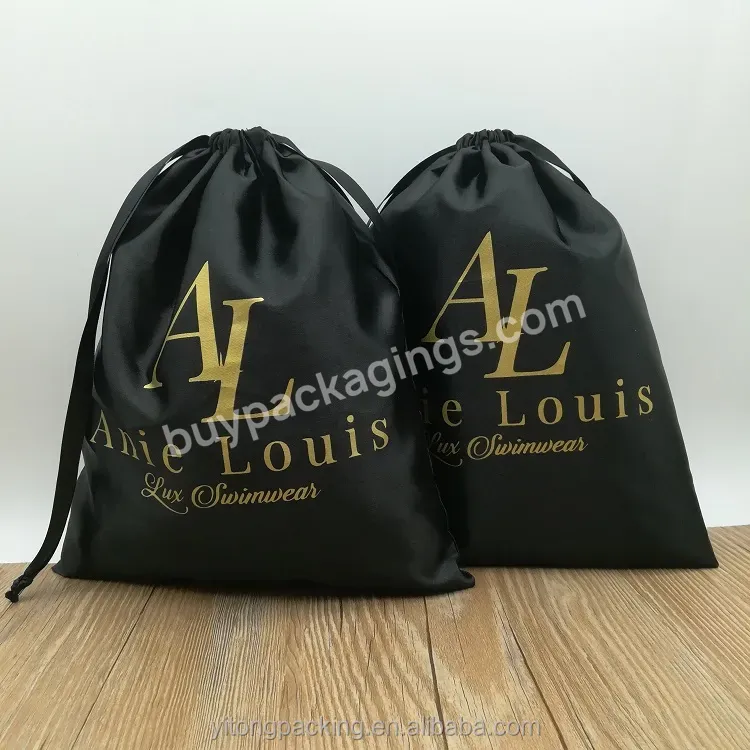 Custom Black Satin Gift Drawstring Bag With Gold Logo