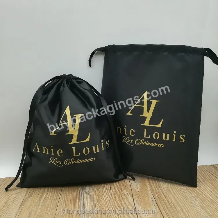 Custom Black Satin Gift Drawstring Bag With Gold Logo