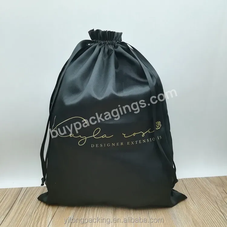 Custom Black Satin Hair Extension Drawstring Bag With Gold Logo