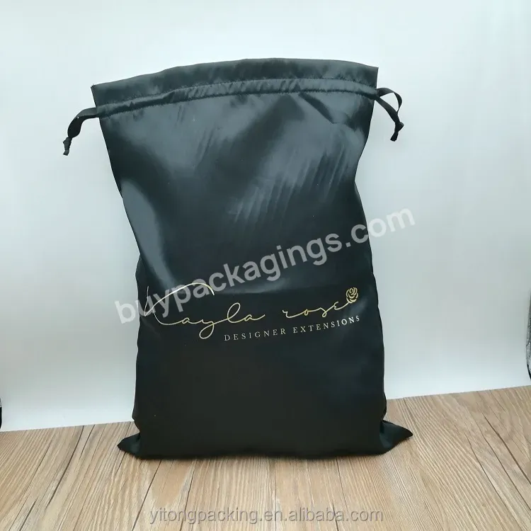 Custom Black Satin Hair Extension Drawstring Bag With Gold Logo