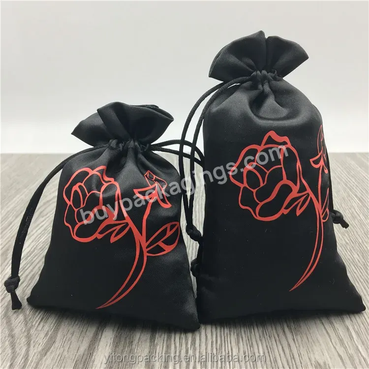 Custom Black Silk Satin Drawstring Pouch Bag With Logo