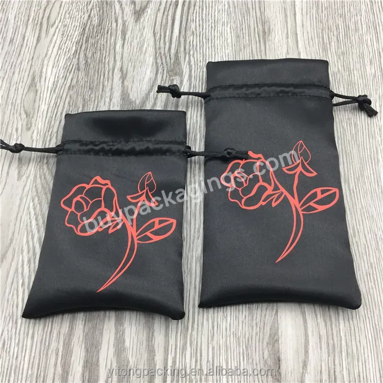 Custom Black Silk Satin Drawstring Pouch Bag With Logo