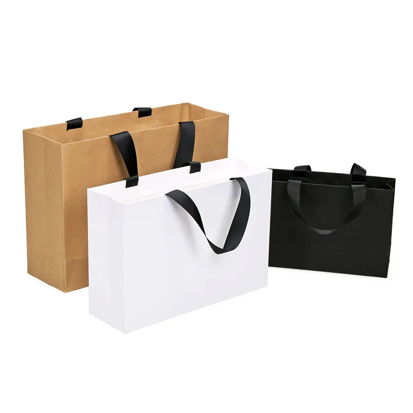 Custom  black white brown packaging gift bag kraft paper jewelry shopping bag with wide rope handle and your own logo