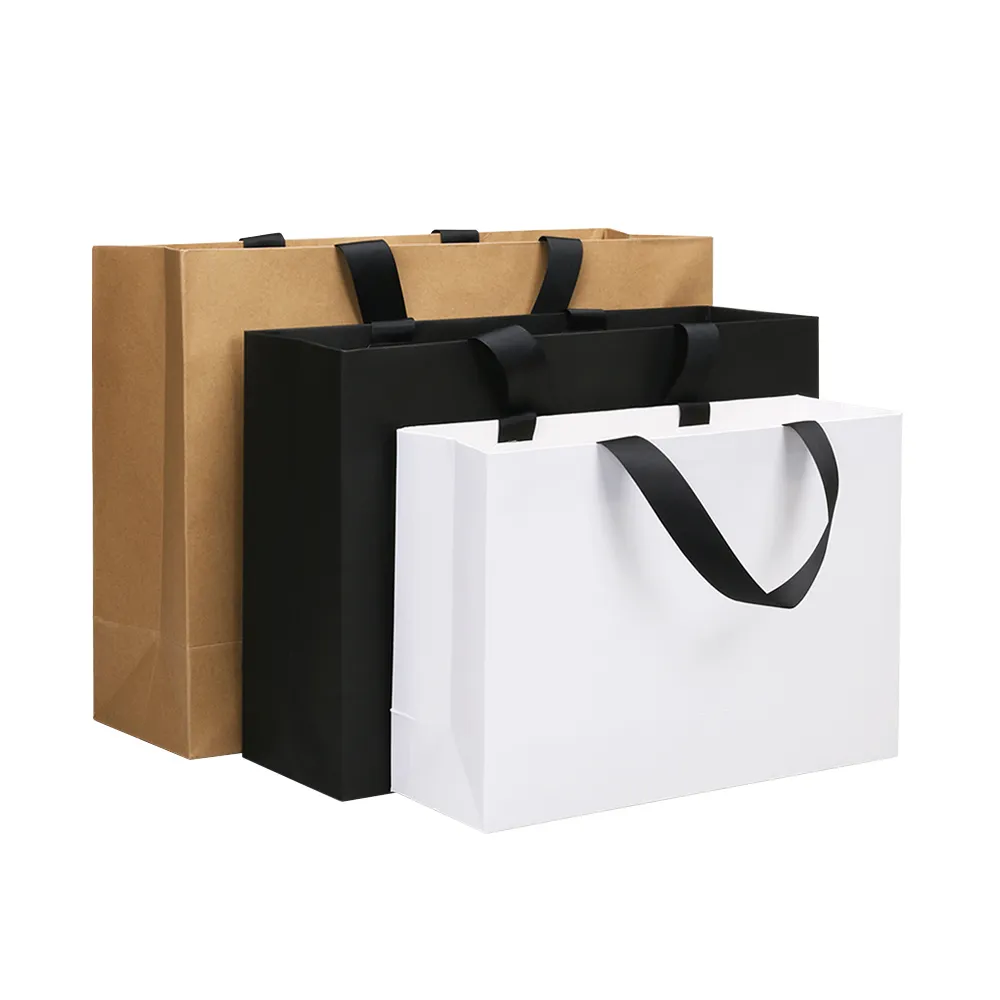 Custom  black white brown packaging gift bag kraft paper jewelry shopping bag with wide rope handle and your own logo