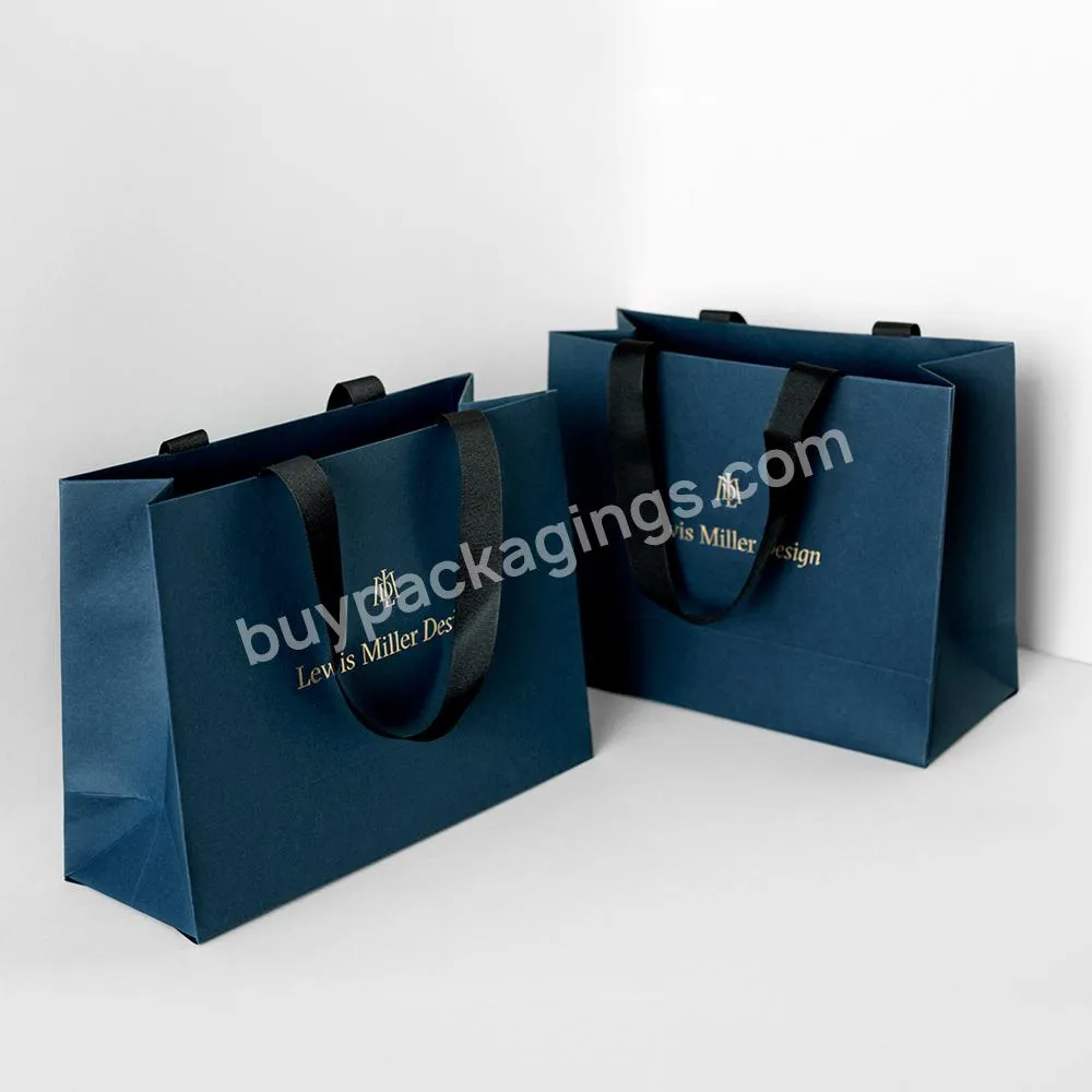 Custom Branded Logo Luxury Navy Paper Clothing Packaging Gift Shopping Bag Paperbag With Ribbon Handle