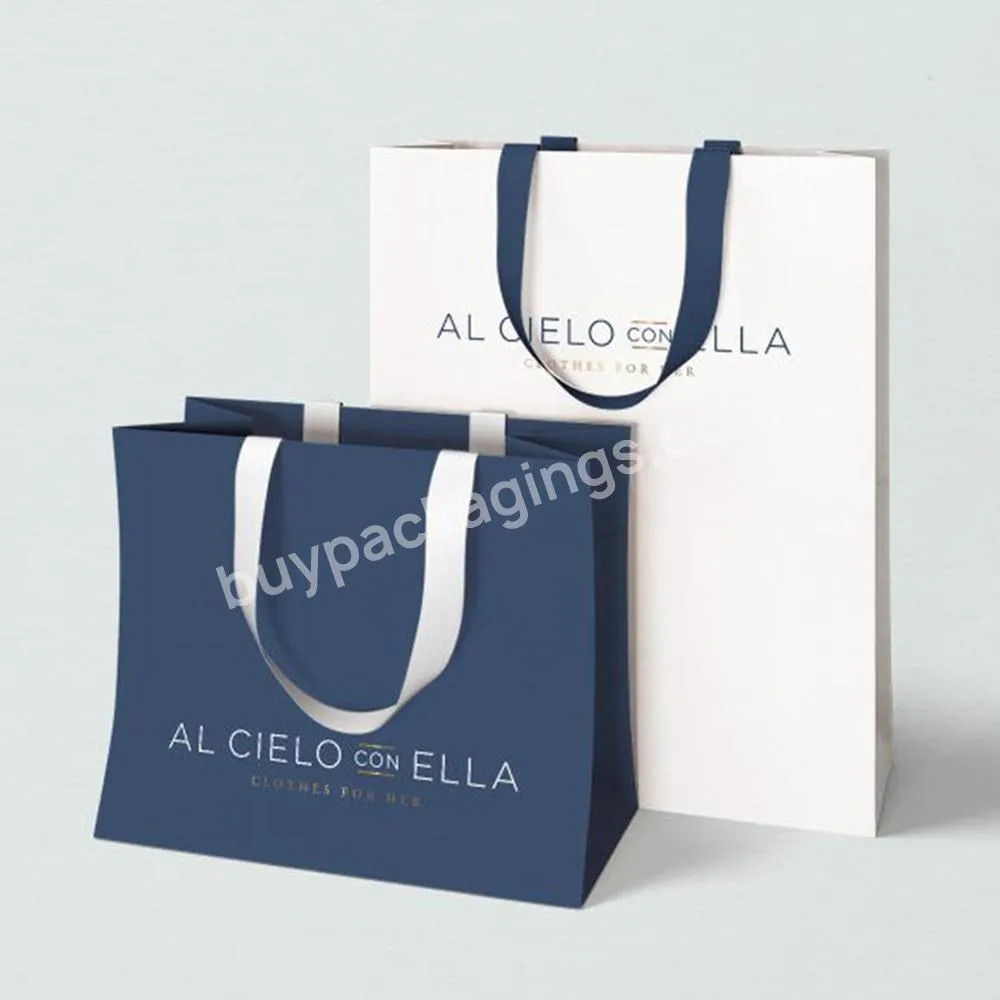 Custom Branded Logo Luxury Navy Paper Clothing Packaging Gift Shopping Bag Paperbag With Ribbon Handle
