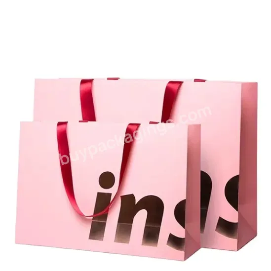 Custom Branded Luxury Pink Paper Bag With Ribbon Handle Shirt Jeans Jackets Apparel Packaging Paper Bag For Clothes