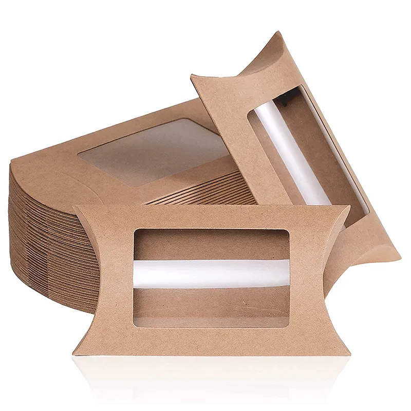 Custom cardboard craft paper kraft pillow shaped boxes clear pillow box with handle packaging for hair packing