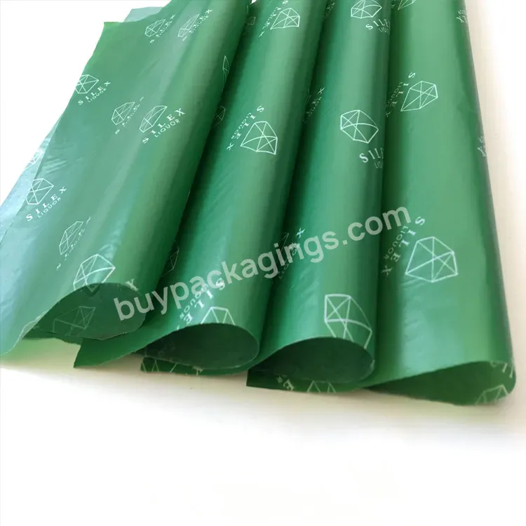 Custom Cheap Printed Brand Name 21gsm Green Greaseproof Tissue Wrapping Paper For Gift Shoes Packaging