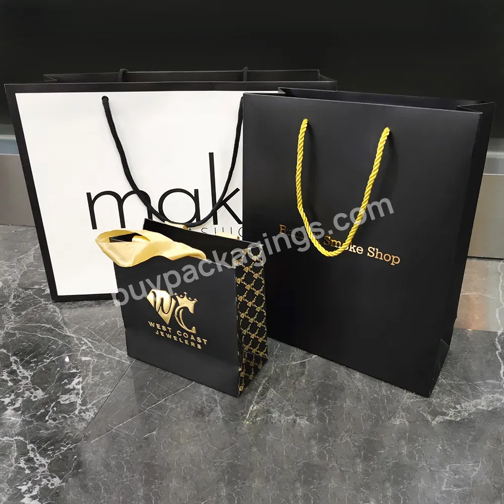 Custom Color Foil Printed Retail Store Cosmetic Merchandise Clothing Jewelry Shopping Packaging Gold Paper Gift Bags With Logos