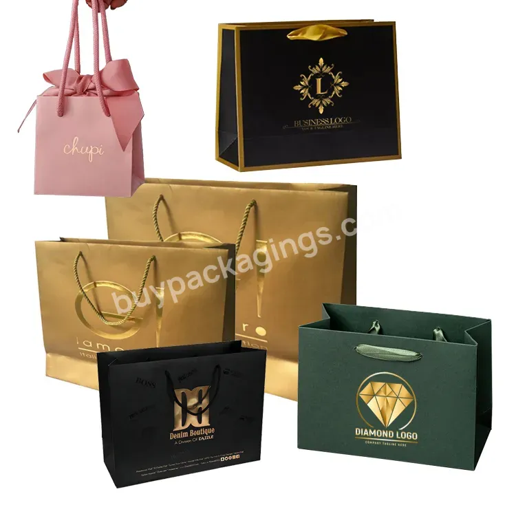 Custom Color Foil Printed Retail Store Cosmetic Merchandise Clothing Jewelry Shopping Packaging Gold Paper Gift Bags With Logos