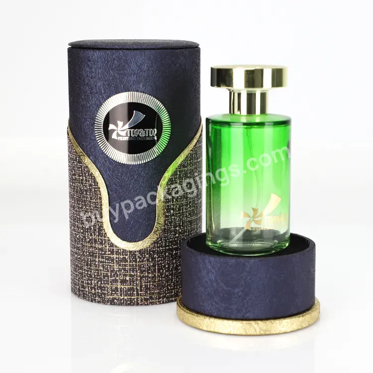 Custom Dark Blue Round Perfume Box Luxury Cylinder Gift Box With Decorative Diamond