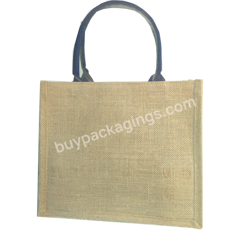 Custom Design Large Jute Burlap Shopping Beach Tote Bag With Soft Cotton Handles For Traveling