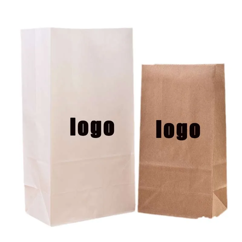 Custom Design Logo Oil proof Baking Barbecue Bread Snack Packaging Square Bottom White Kraft Paper Food Takeout Takeaway Bag