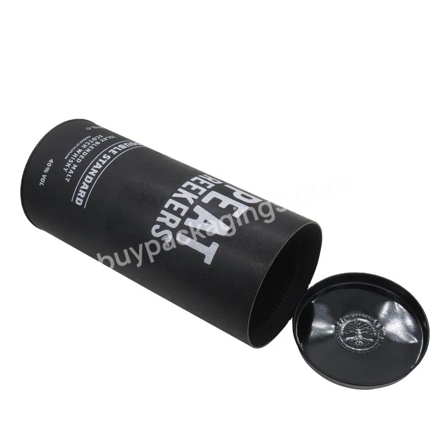 custom design paper packaging supplier black tube gift whisky with metal lid round box for wine