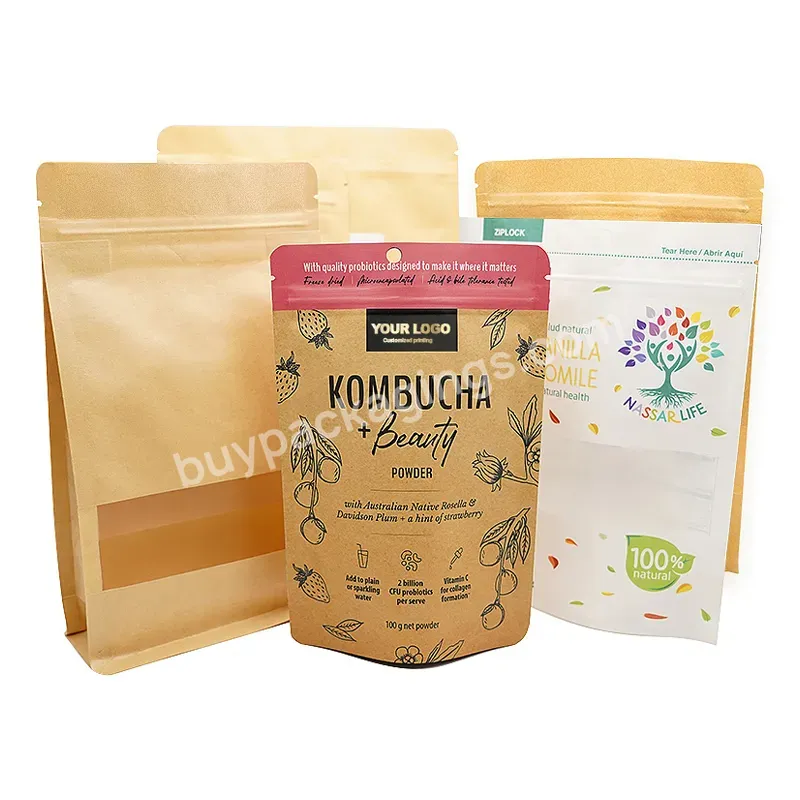 Custom Design Printed Eco Friendly Stand Up Tea Pouch Recyclable Ziplock Vertical 5lb Kraft Paper Coffee Packaging Bags