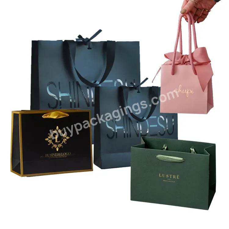 Custom Design Ribbon Handle Black Luxury Jewelry Cosmetic Gift Clothing Shopping Packaging 250 Gsm Art Paper Bag For Clothes