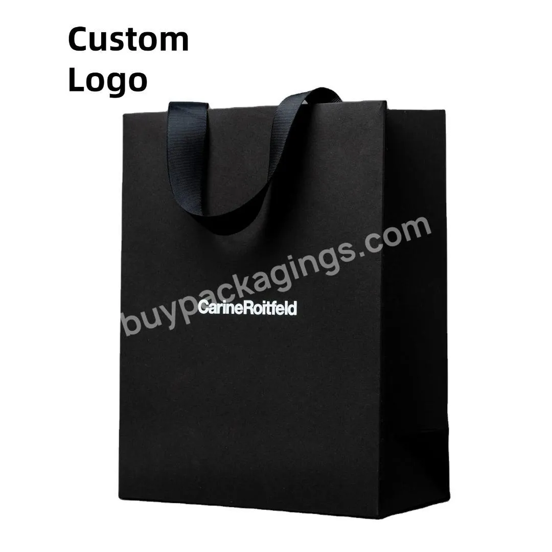 Custom Design Ribbon Handle Black Luxury Jewelry Cosmetic Gift Clothing Shopping Packaging 250 gsm Art Paper Bag For Clothes