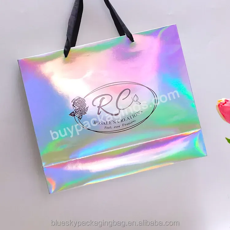 Custom Design Ribbon Handle Luxury Holographic Laser Cosmetic Gift Clothing Shopping Bags