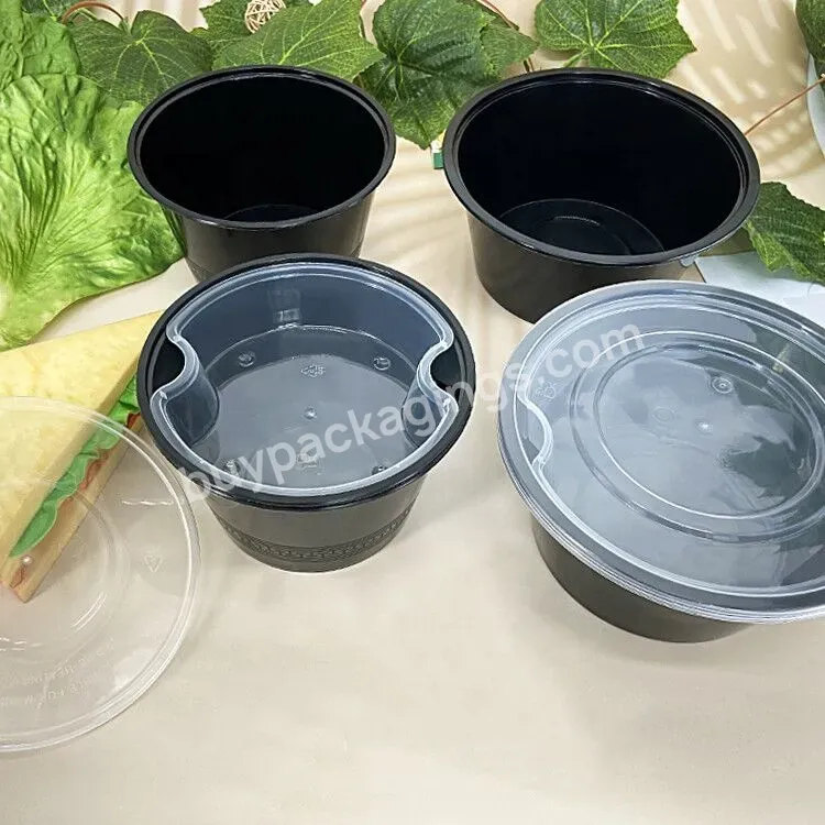 Custom Disposable Double Stack Black Round Microwaveable Plastic Takeaway Noddles Bowl With Lid