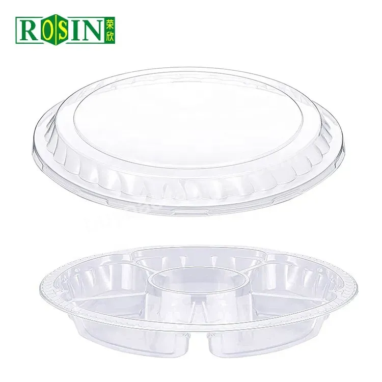 Custom Disposable Round 5 Compartments Transparent Container Food Plastic Box For Pet Vegetables Tray With Lid