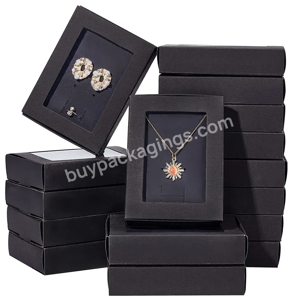 Custom Earring Rings Necklace Storage Jewelry Display Gift Boxes Rectangle Gift Box Kraft Paper Drawer Box With Clear Pvc Window