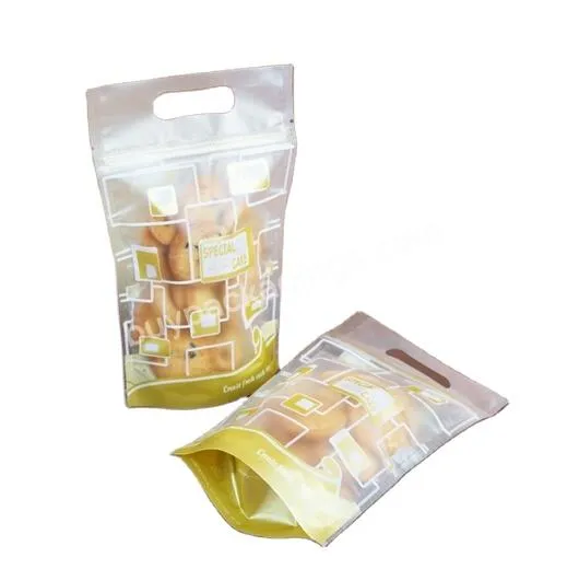 Custom Eco Biodegradable Resealable Transparent Plastic Stand Up Bag Biscuit Bread Candy With Handle Food Packaging Bag