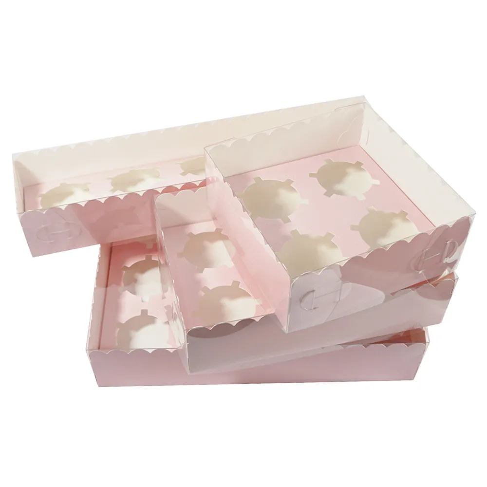 Custom Eco Friendly Pink White Color 4 6 5 12 Holes Insert Packaging Dessert Macaron Cake Folding Cupcake Box With Clear PET Lid