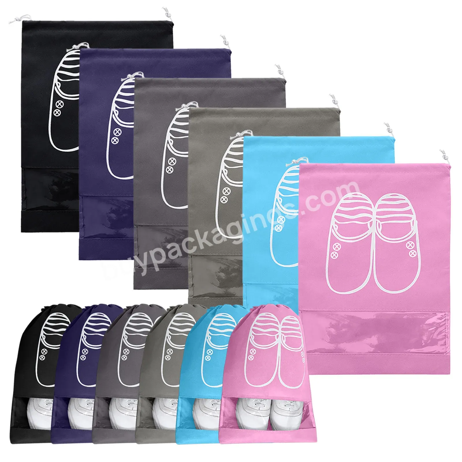 Custom Eco-friendly Private Logo Bulk Travel Non Woven Portable Drawstring Shoe Bag With Clear Window