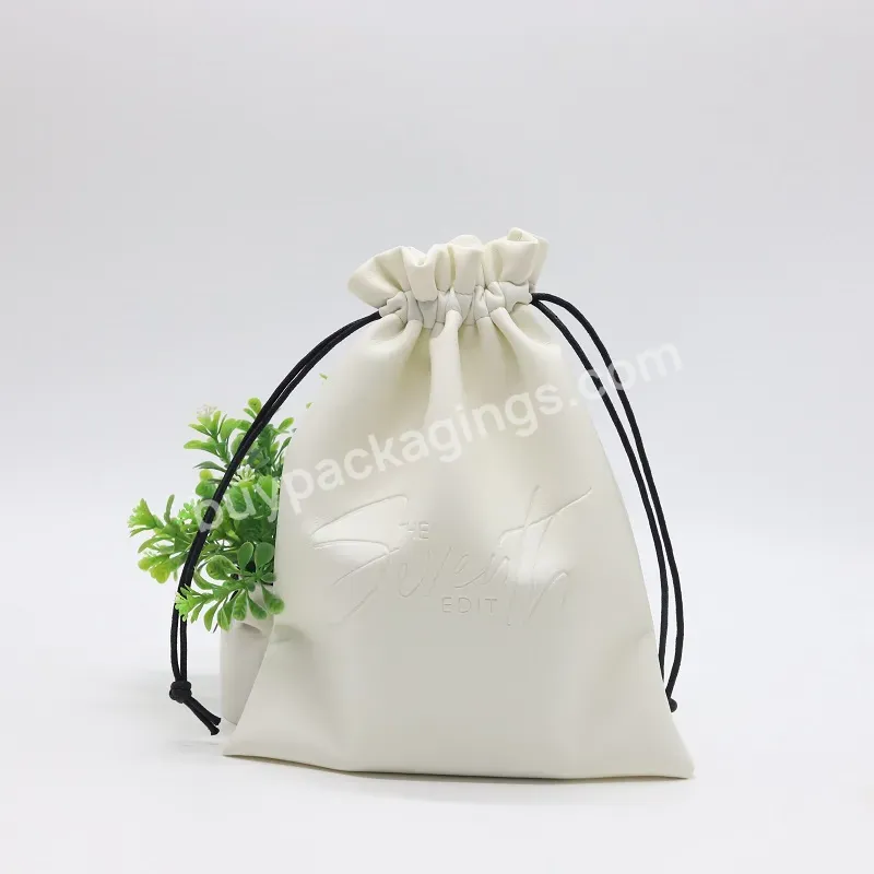 Custom Embossed Logo Beige Pu Leather Drawstring Waterproof Bag Recycled Soft Cosmetic Gift Leather Packaging Dust Bags