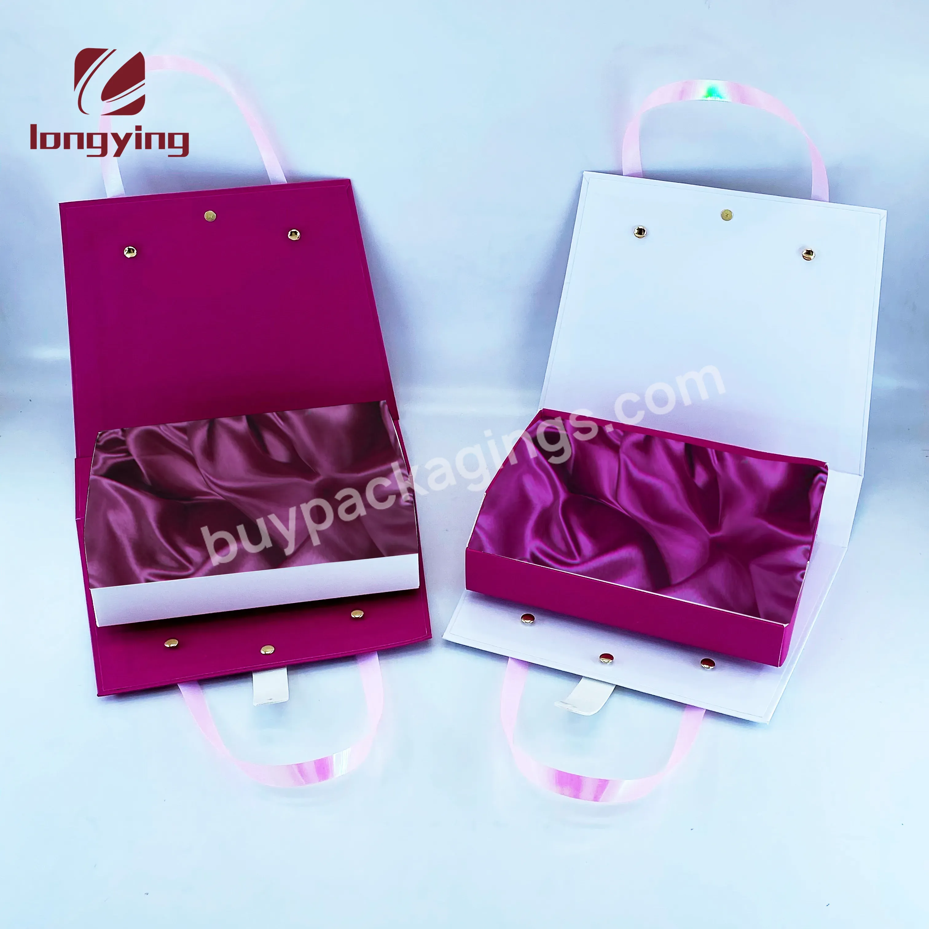 Custom Fancy Handle Pink Cardboard Boxes Folding Gift Box With Pu Belt Buckle Closed For Human Hair Wig Human Hair Extension Box