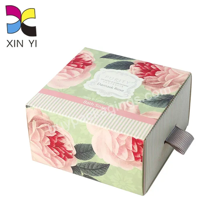 Custom Flower Paper Packing Folding Sliding Cardboard Box With Ribbon